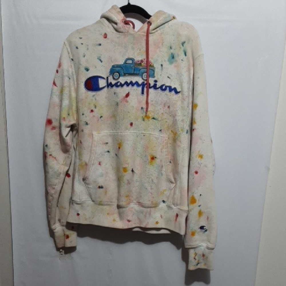 Champion Cream 90s Y2K Hoodie with Colorful Splatter